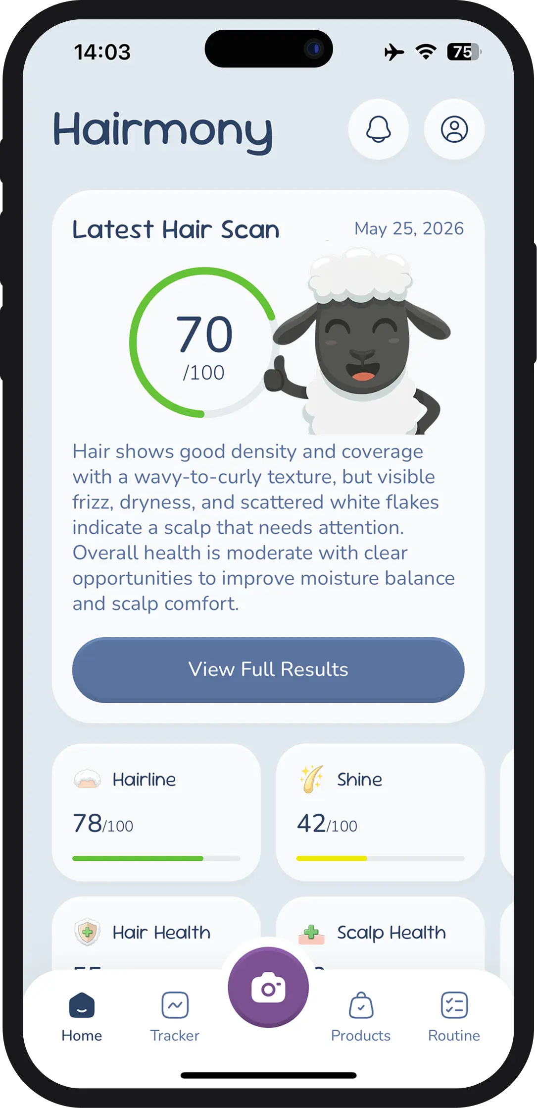 Hairmony app showing your Latest Hair Scan with score and metrics